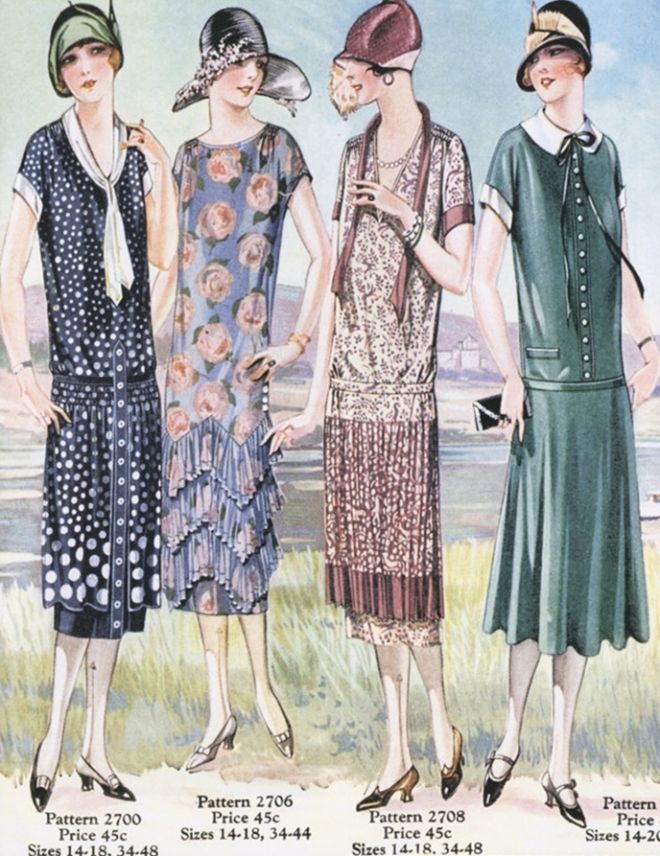 Illustration of four women in 1920s fashion with pattern and price information Illustration of four women in 1920s fashion with pattern and price information
