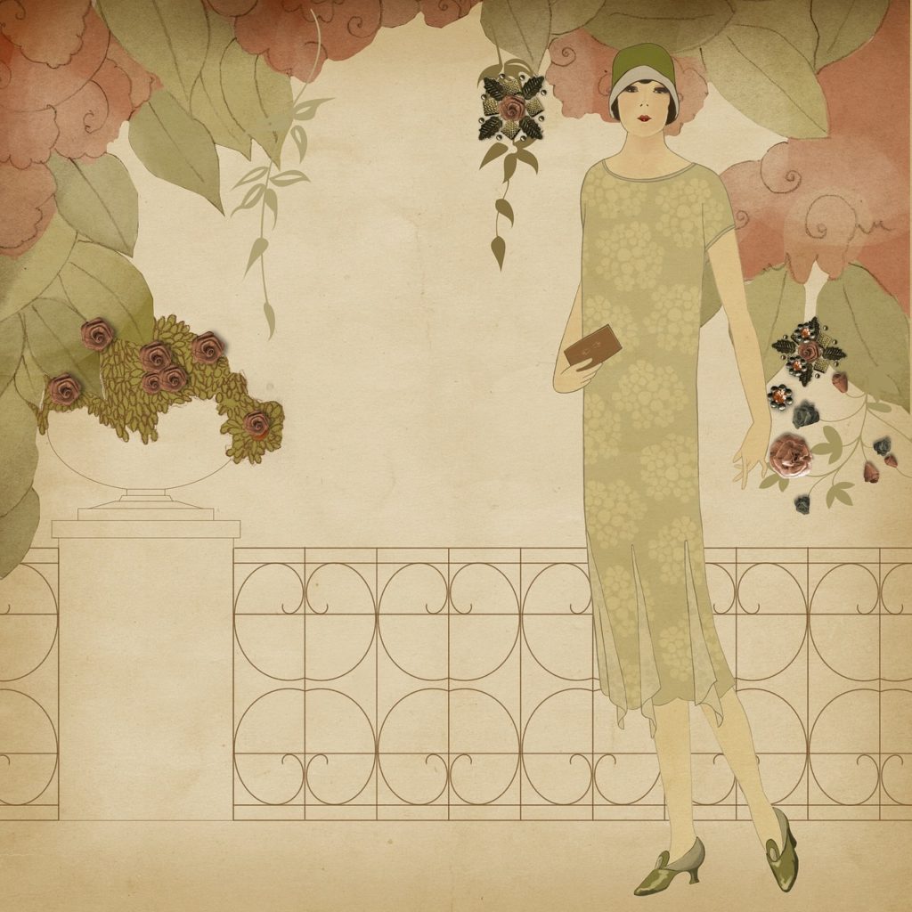 Illustration of a woman in a green dress holding a book on a balcony with a floral border and a pink flower
