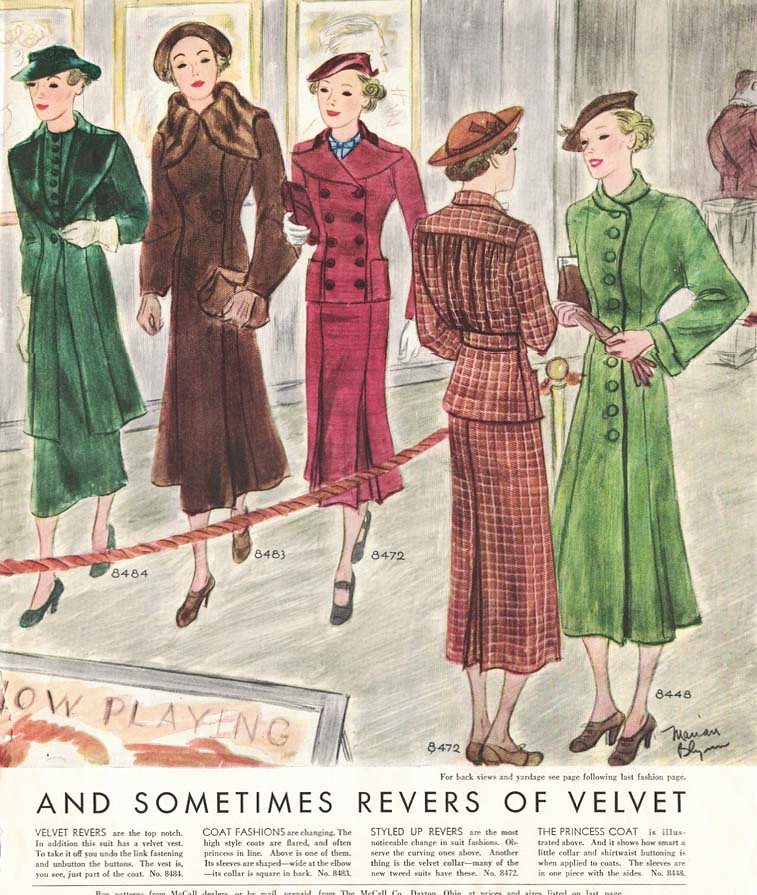 Illustration of four women in fashionable coats and hats, with text at the bottom reading ‘Now Playing… And Sometimes Revers of Velvet’