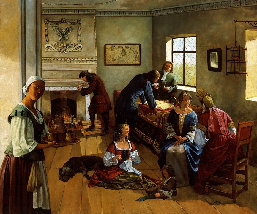 An oil painting of a 17th century scene with people drinking, smoking, and playing cards in a room with a fireplace, a window, and a chandelier. An oil painting of a 17th century scene with people drinking, smoking, and playing cards in a room with a fireplace, a window, and a chandelier.