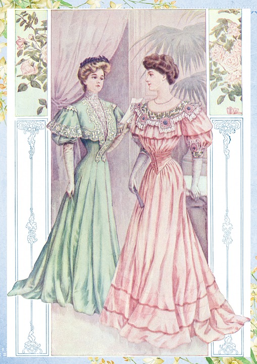Two women in pastel-colored Edwardian dresses standing in front of a floral background Two women in pastel-colored Edwardian dresses standing in front of a floral background