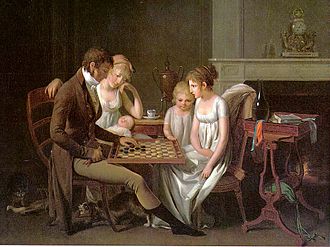 A painting of four people playing a board game in a dimly lit room. A painting of four people playing a board game in a dimly lit room.