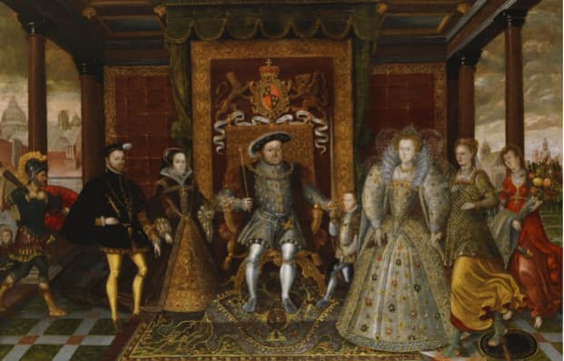 A photo realistic image of a group of people in medieval clothing in a decorated room. A photo realistic image of a group of people in medieval clothing in a decorated room.