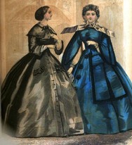 A vintage illustration of two women in Victorian era dresses holding a fan and a book A vintage illustration of two women in Victorian era dresses holding a fan and a book