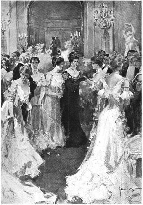 Black and white illustration of a group of people in a ballroom. Black and white illustration of a group of people in a ballroom.