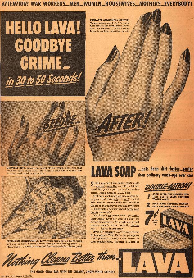 A vintage advertisement for Lava soap in black and white. A vintage advertisement for Lava soap in black and white.